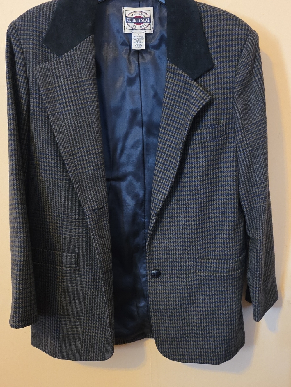 Womens Blue/Gray Houndstooth Blazer with Contrast Collar